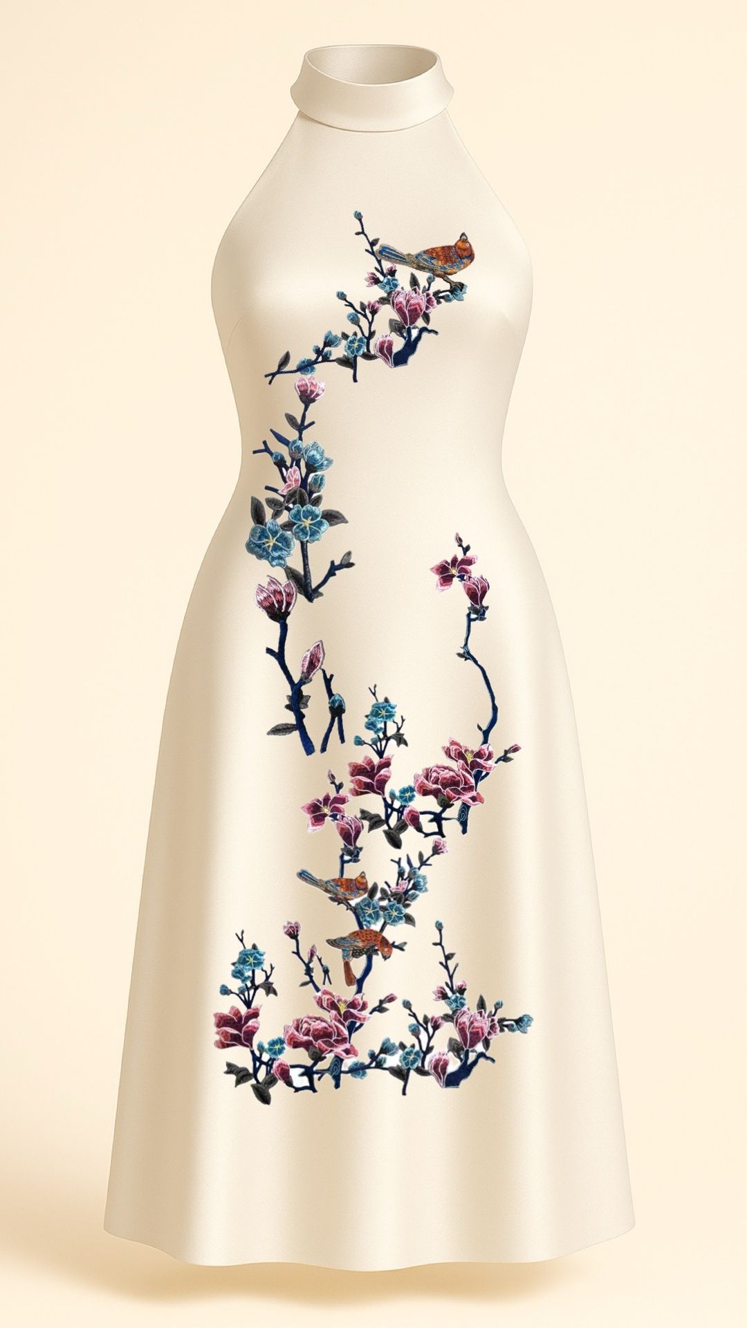 Blue Blossoms and Magnolias Midi Dress in Ivory _12