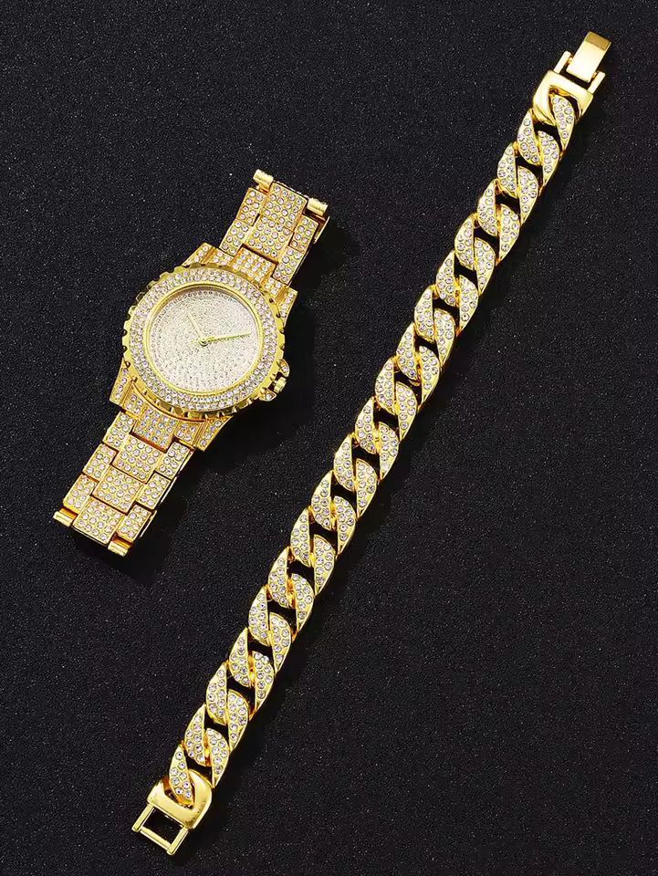 Golden Iced Watch Steel + Bracelet + Jewelry box_1
