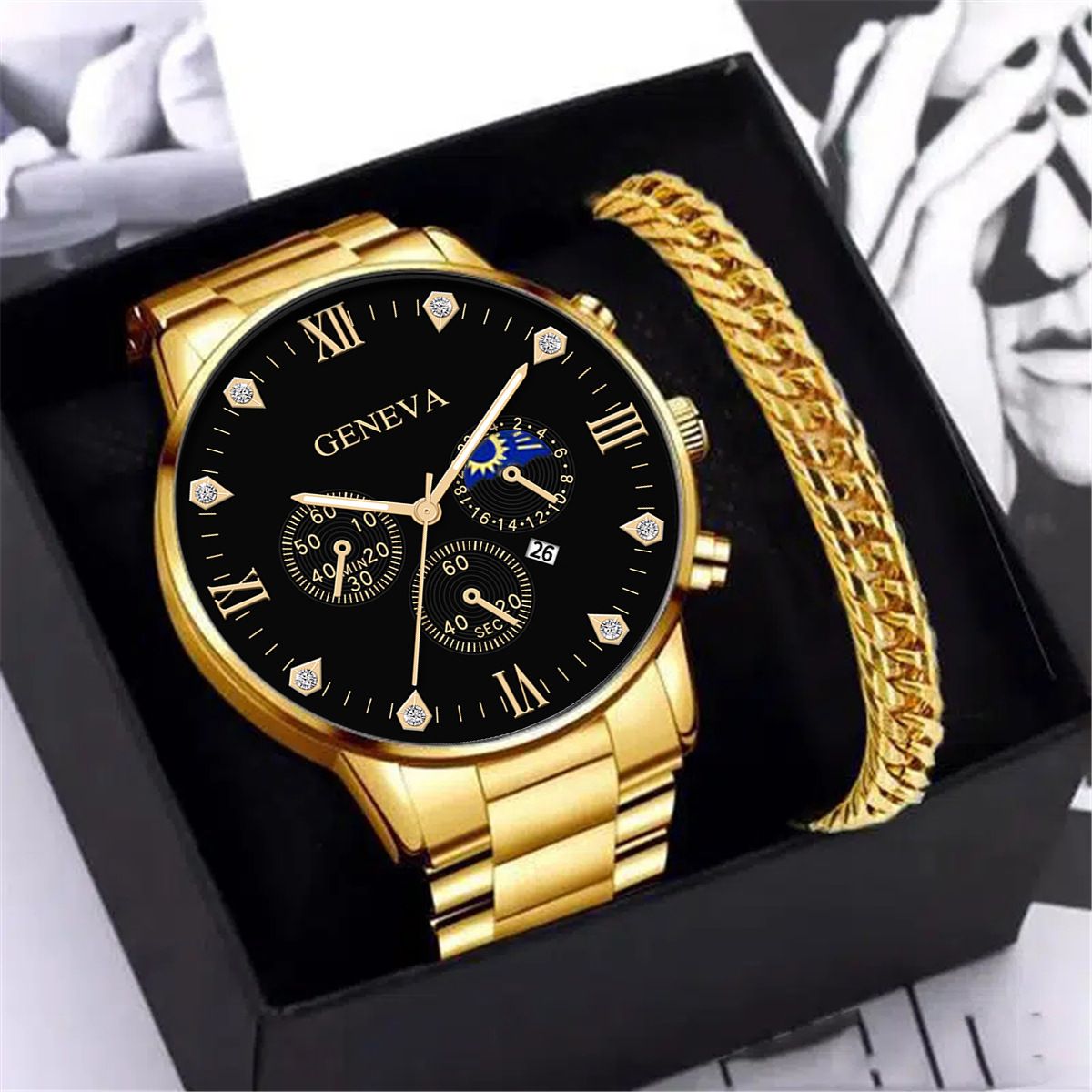 Golden Steel Watch + Bracelet (Free Jewelry box)_0