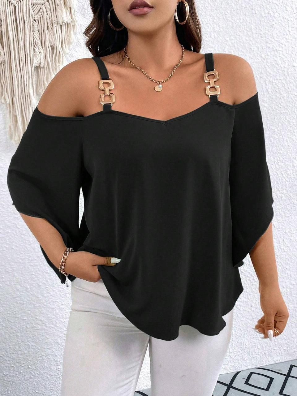 Plus Size Ladies Cold Shoulder Blouses _10