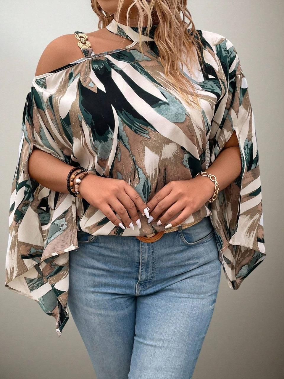 Plus Size Ladies Cold Shoulder Blouses _3