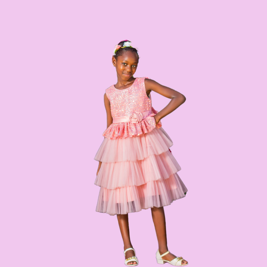 Nabotique Peach-Coloured & Salmon Rose Layered Net Dress_0