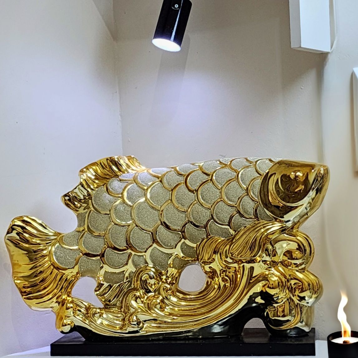 Patung Pajangan Ikan Arwana Hoki Keberuntungan Dekorasi Rak Lemari Lucky Fish Golden Pembawa Fengshui Dekorasi Ruangan Meja Kreatif Keramik_3
