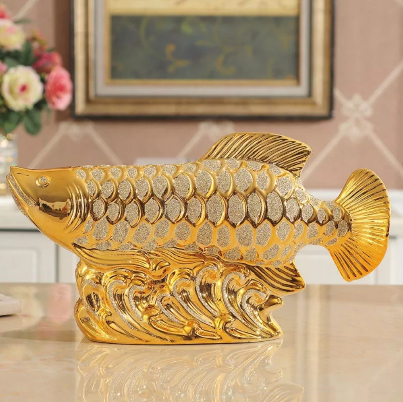Patung Pajangan Ikan Arwana Hoki Keberuntungan Dekorasi Rak Lemari Lucky Fish Golden Pembawa Fengshui Dekorasi Ruangan Meja Kreatif Keramik_9