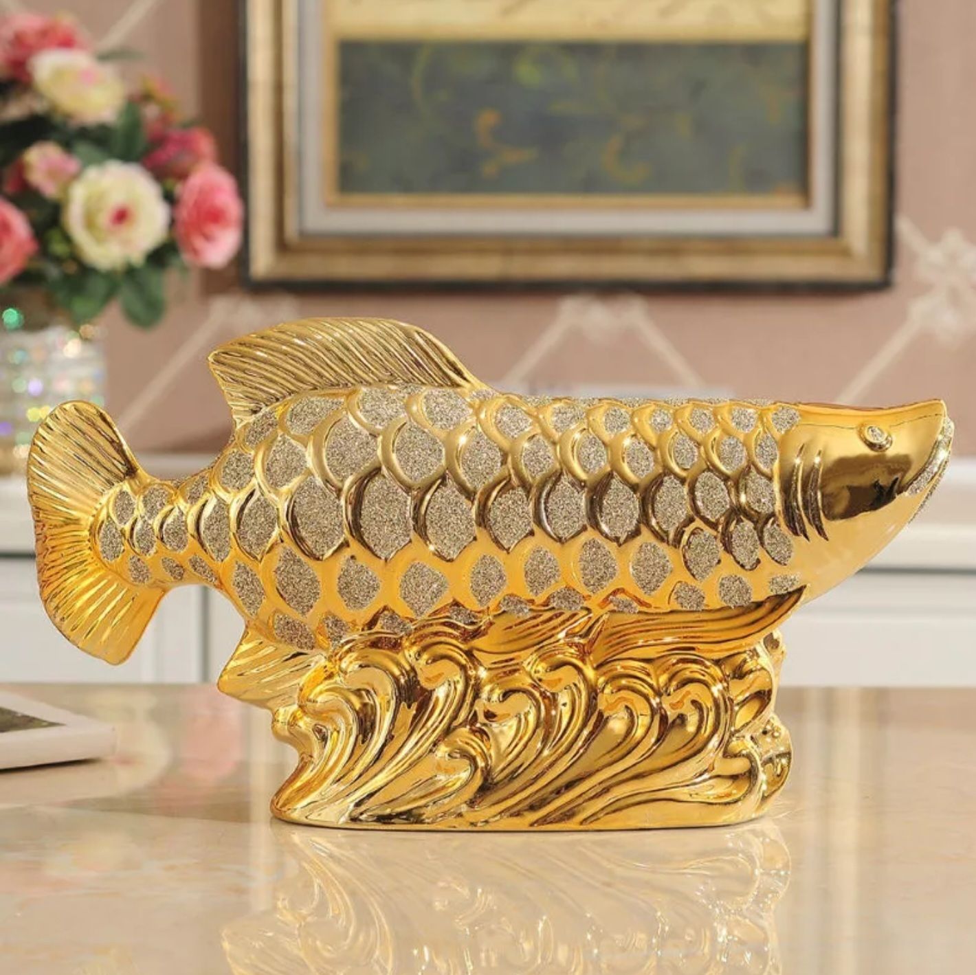 Patung Pajangan Ikan Arwana Hoki Keberuntungan Dekorasi Rak Lemari Lucky Fish Golden Pembawa Fengshui Dekorasi Ruangan Meja Kreatif Keramik_13
