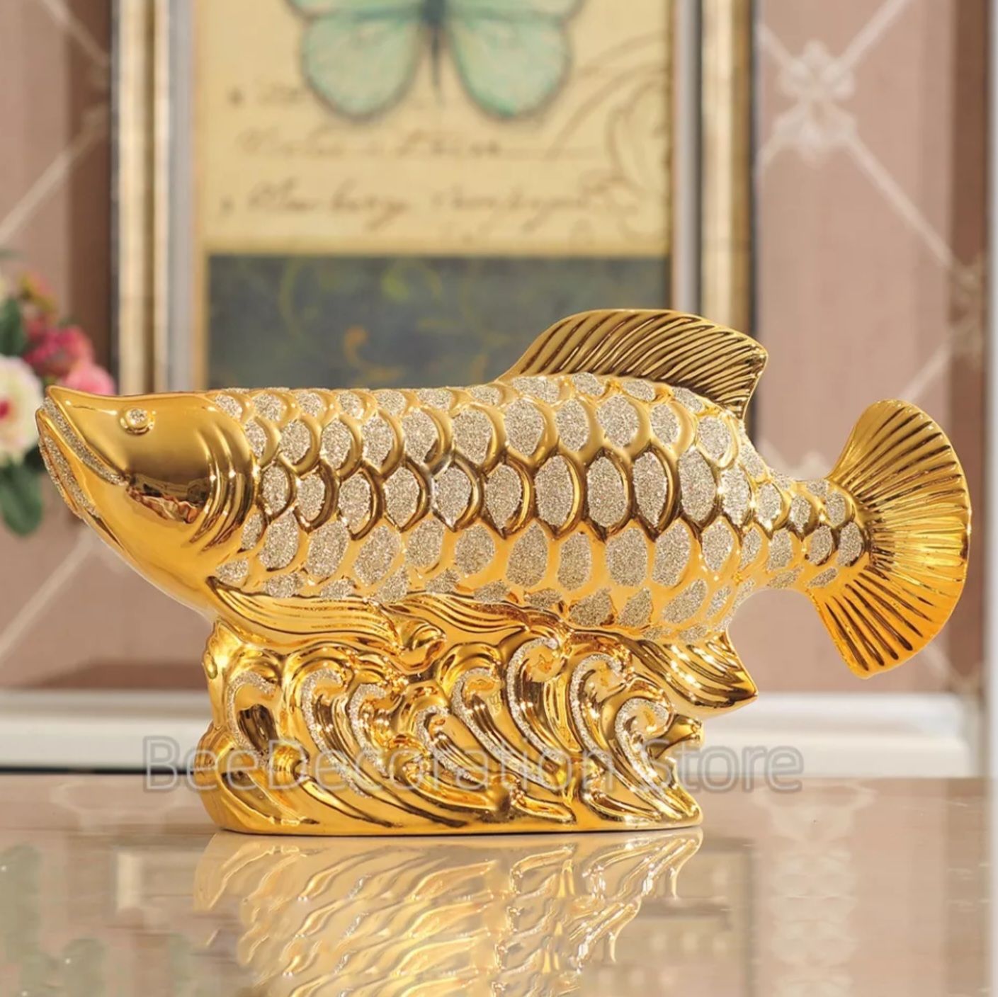Patung Pajangan Ikan Arwana Hoki Keberuntungan Dekorasi Rak Lemari Lucky Fish Golden Pembawa Fengshui Dekorasi Ruangan Meja Kreatif Keramik_8