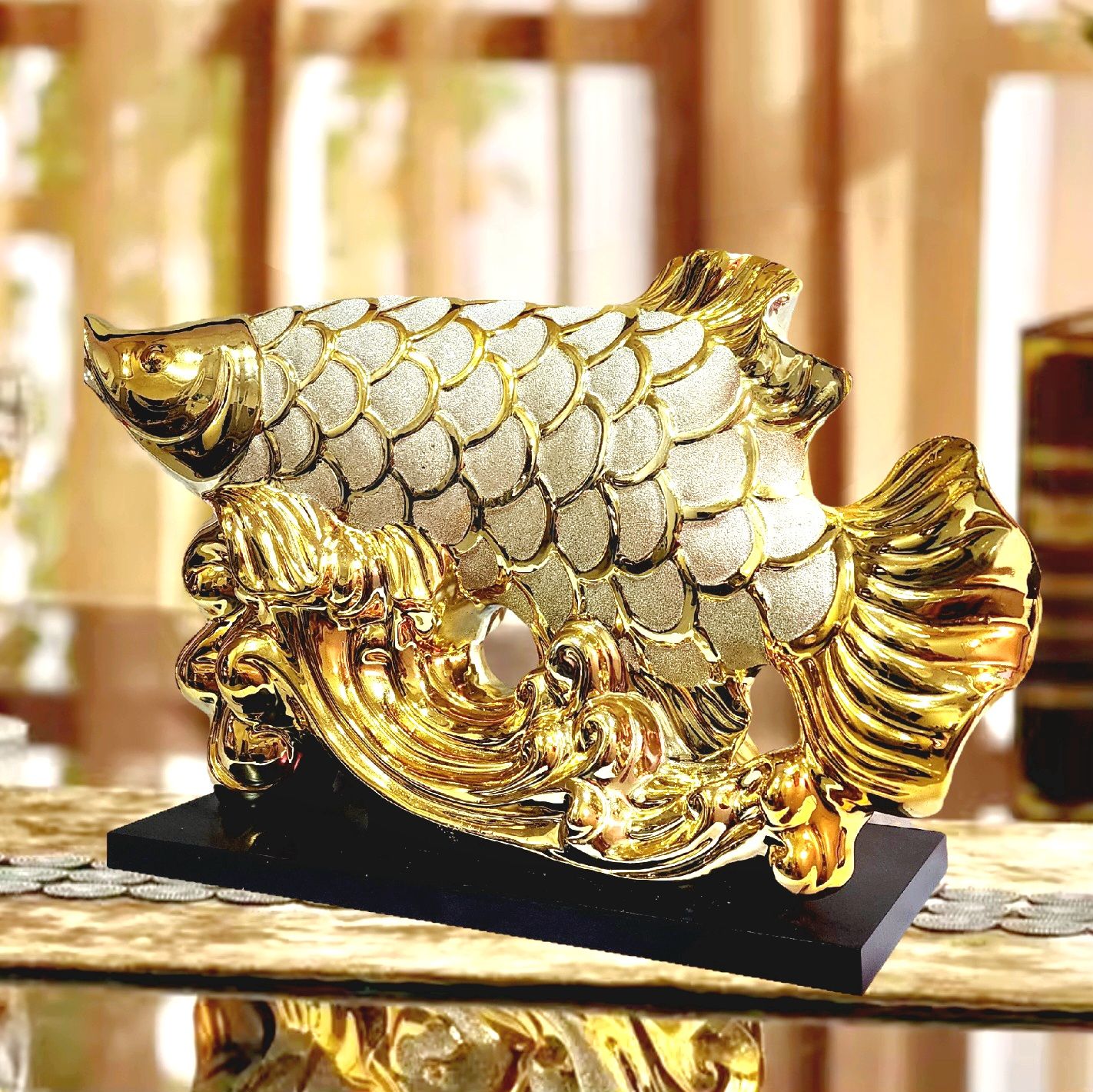 Patung Pajangan Ikan Arwana Hoki Keberuntungan Dekorasi Rak Lemari Lucky Fish Golden Pembawa Fengshui Dekorasi Ruangan Meja Kreatif Keramik_4