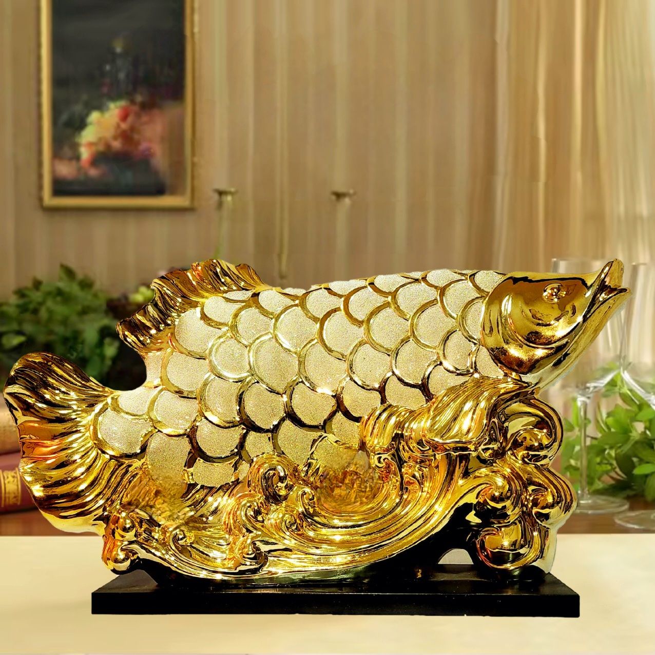 Patung Pajangan Ikan Arwana Hoki Keberuntungan Dekorasi Rak Lemari Lucky Fish Golden Pembawa Fengshui Dekorasi Ruangan Meja Kreatif Keramik_2