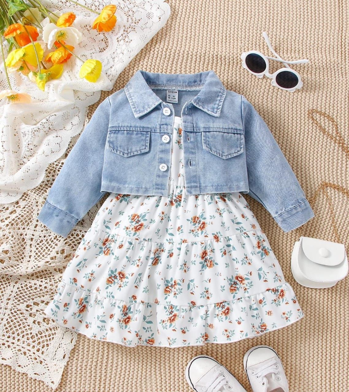 2 Piece Baby Girl Flap Pocket Denim Jacket & Floral Cami Dress_0