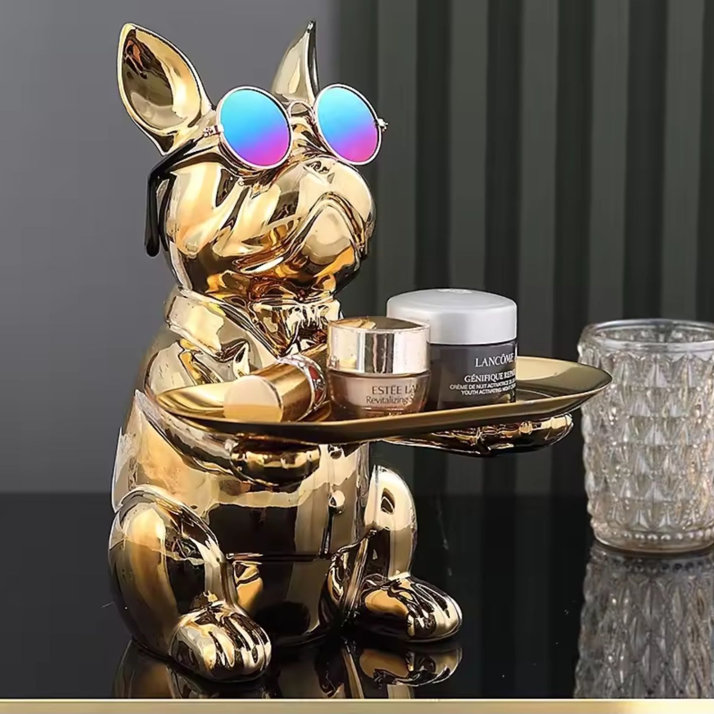 Patung Pajangan Bulldog Prancis Dekorasi Meja Kantor Nampan Stainless Tray Organizer Penyimpanan Multifungsi Kreatif Bahan Premium_0