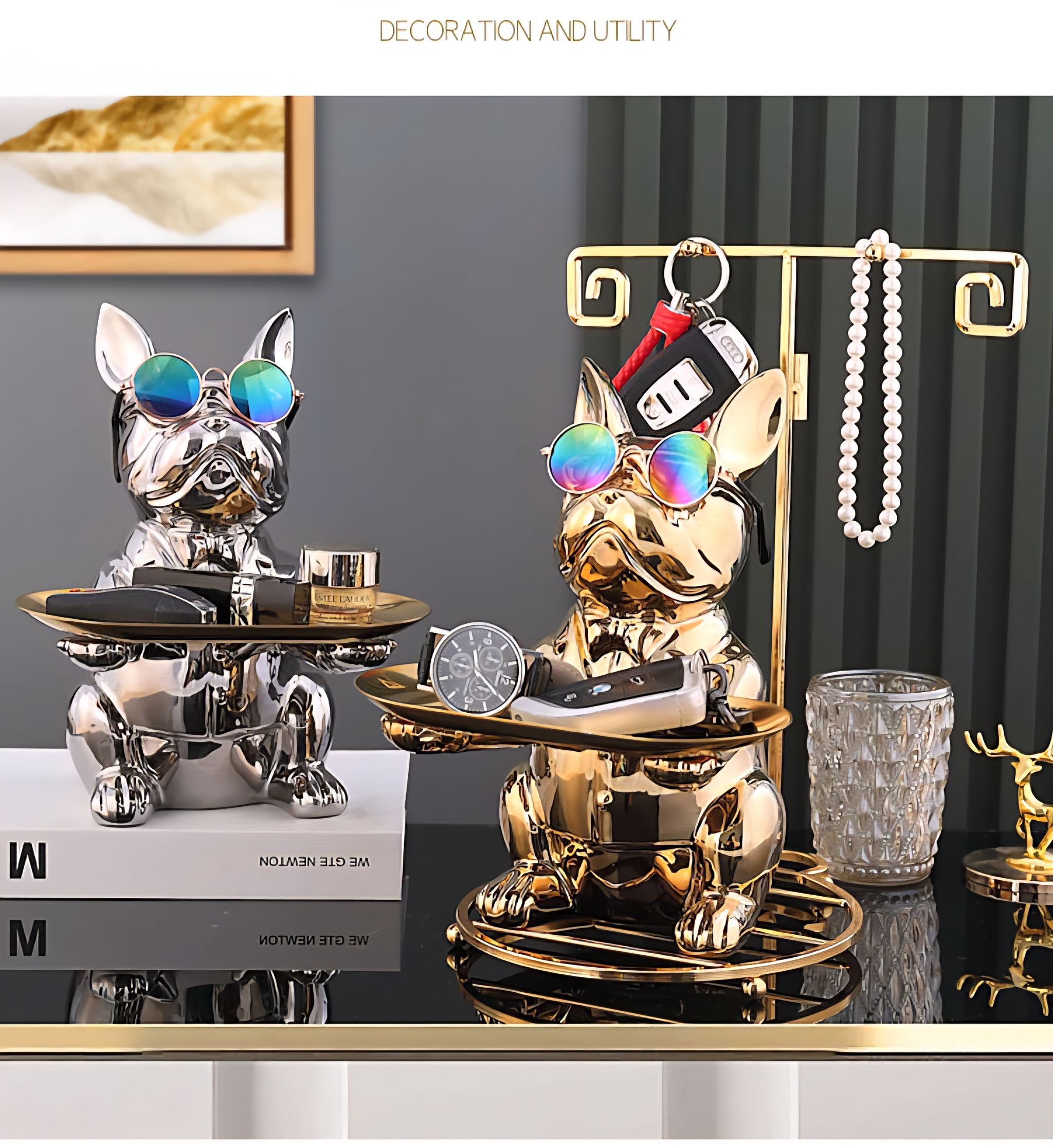 Patung Pajangan Bulldog Prancis Dekorasi Meja Kantor Nampan Stainless Tray Organizer Penyimpanan Multifungsi Kreatif Bahan Premium_10