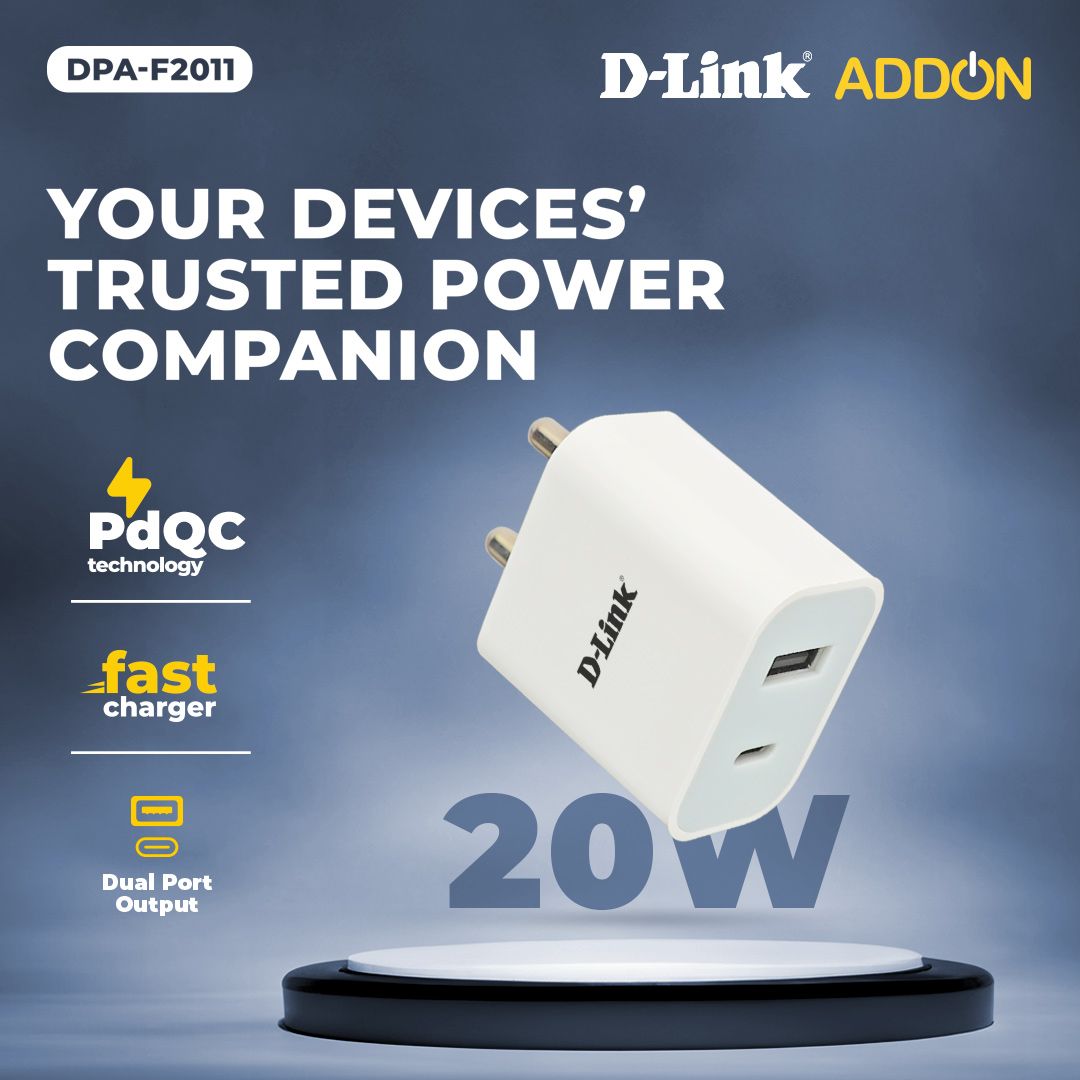 D-Link 20W Dual Port (QC 3.0 + PD 3.0) Fast Charger Type-C & USB-A, Bis Certified, Compact Size & Easy to Carry. - White_1