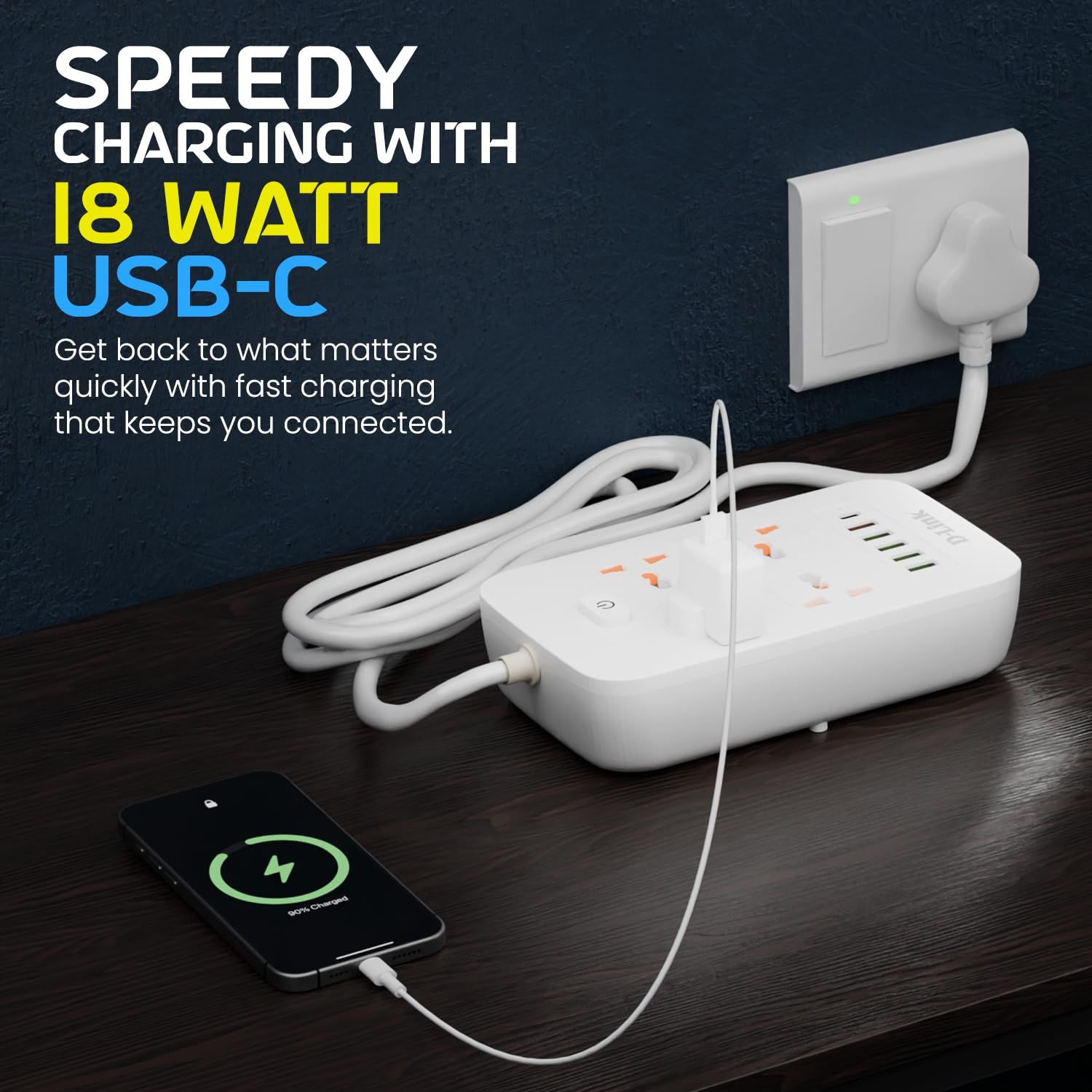 D-Link Power Strip with 4 Universal Sockets with Child Security + 5 USB Ports + 1 Type-C Port, High Temperature Fuse Protector, 1500W with 2 Meter Cable, 250 Volts, White_1