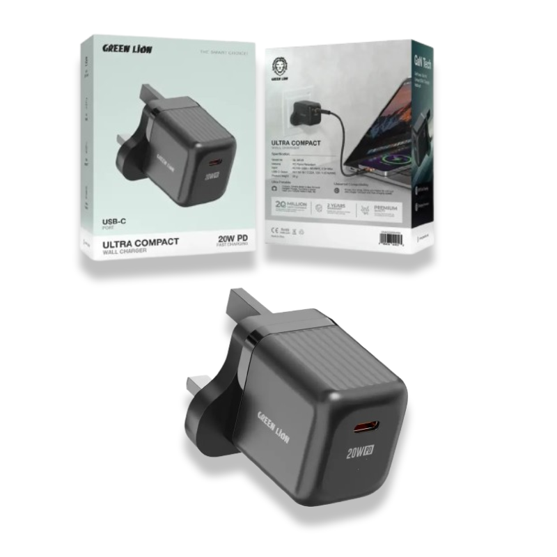 . Green Lion Ultra Compact GaN Wall Charger UK Pin USB-C PD 20W C to L - Black _0