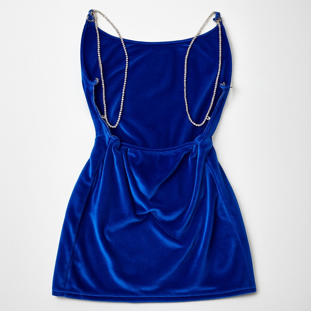 Vestido de terciopelo azul con tirantes de cadena - Size M_1