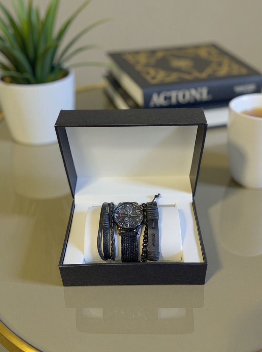 Combinaison montre & bracelet noir pour homme + coffret_0