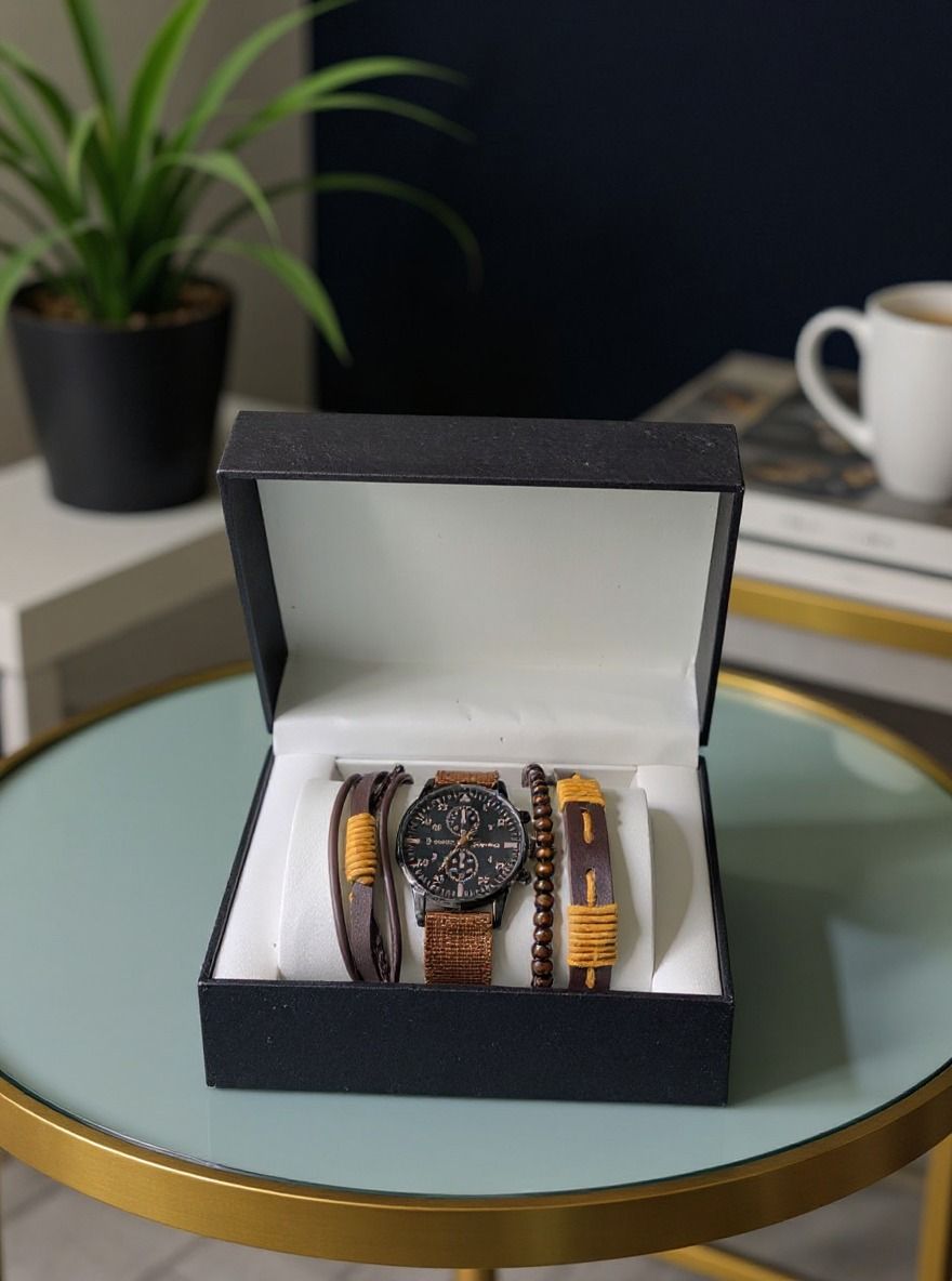 Combinaison montre & bracelet marron pour homme + coffret_0