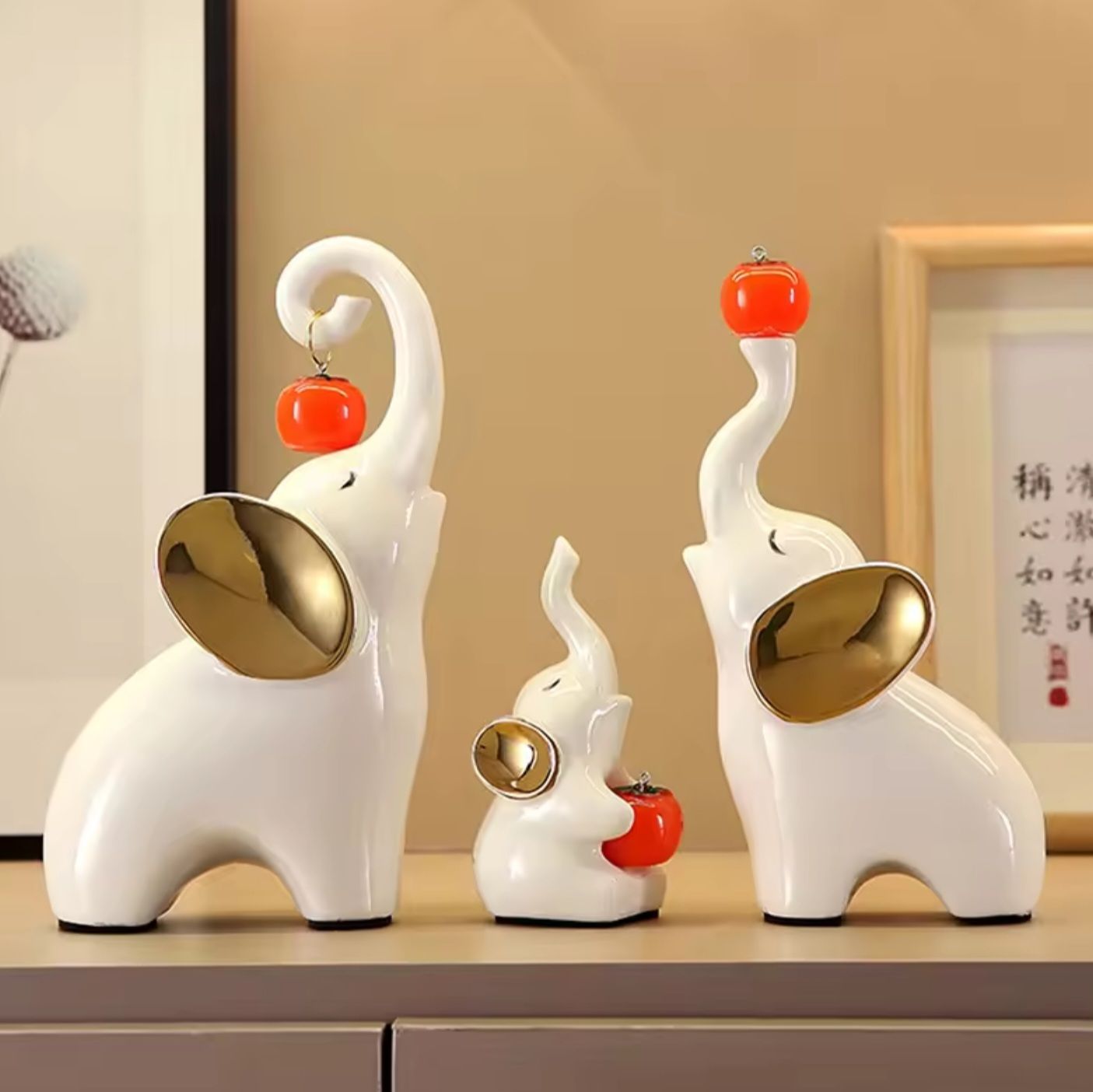 Pajangan Meja Patung Gajah Putih 3 Pasang Family Keramik Dekorasi Keberuntungan Kebijaksanaan_0
