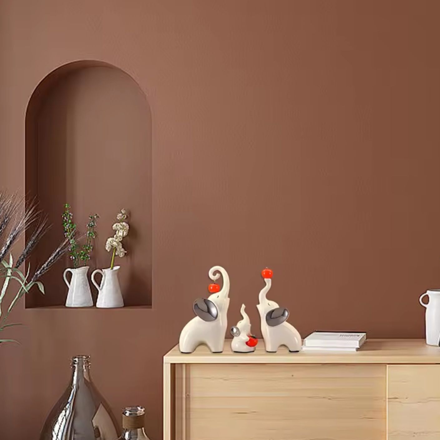 Pajangan Meja Patung Gajah Putih 3 Pasang Family Keramik Dekorasi Keberuntungan Kebijaksanaan_11