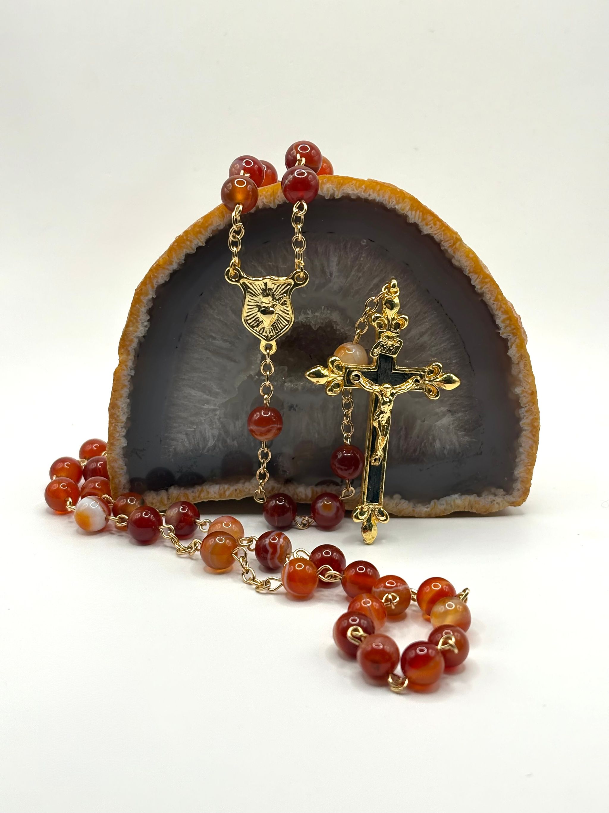 Rosario de Ágata de fuego 8mm Chapado en oro 18k_1