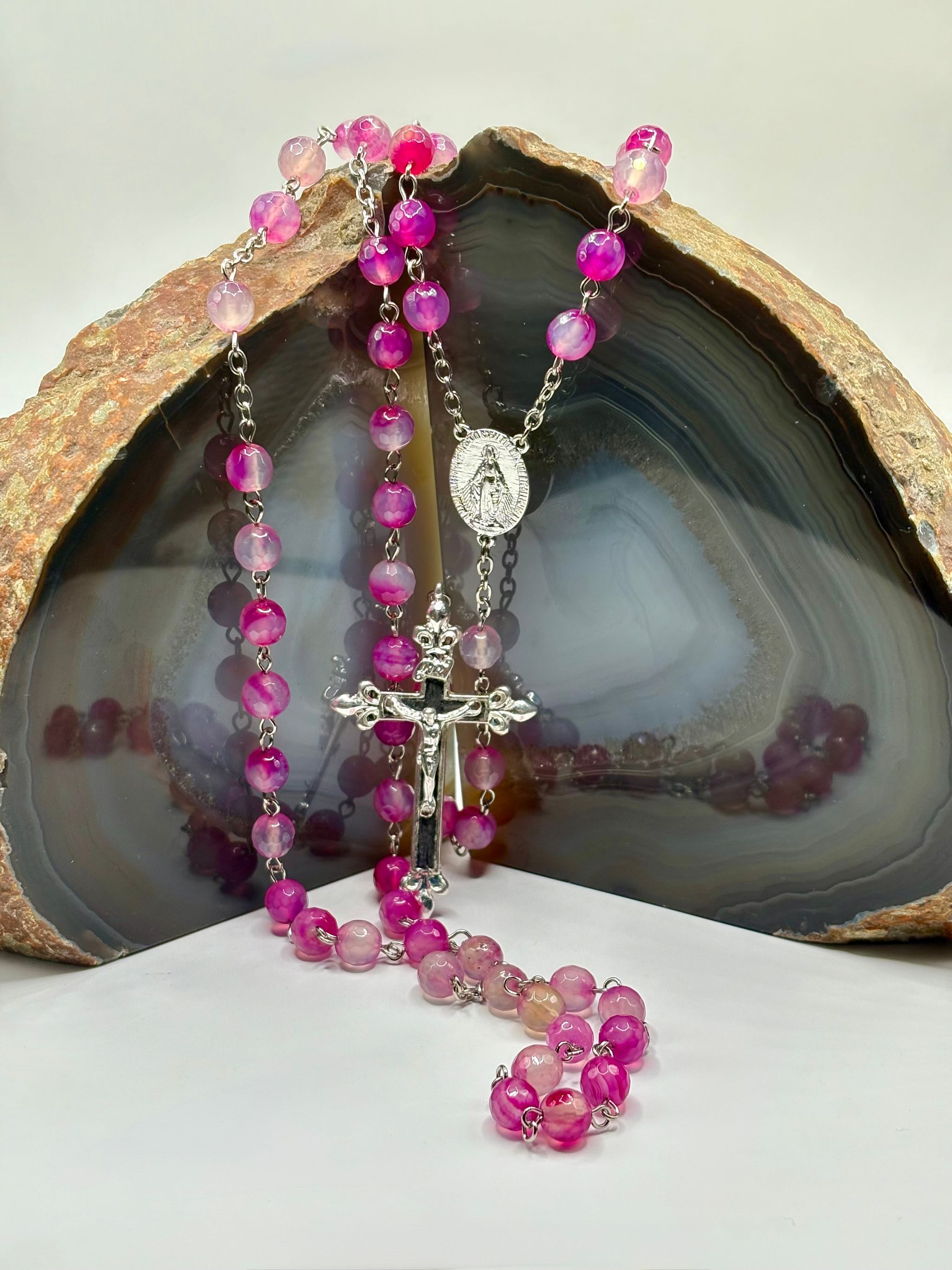 Rosario Ágata Rosa Facetada 8mm de Acero Inoxidable _0