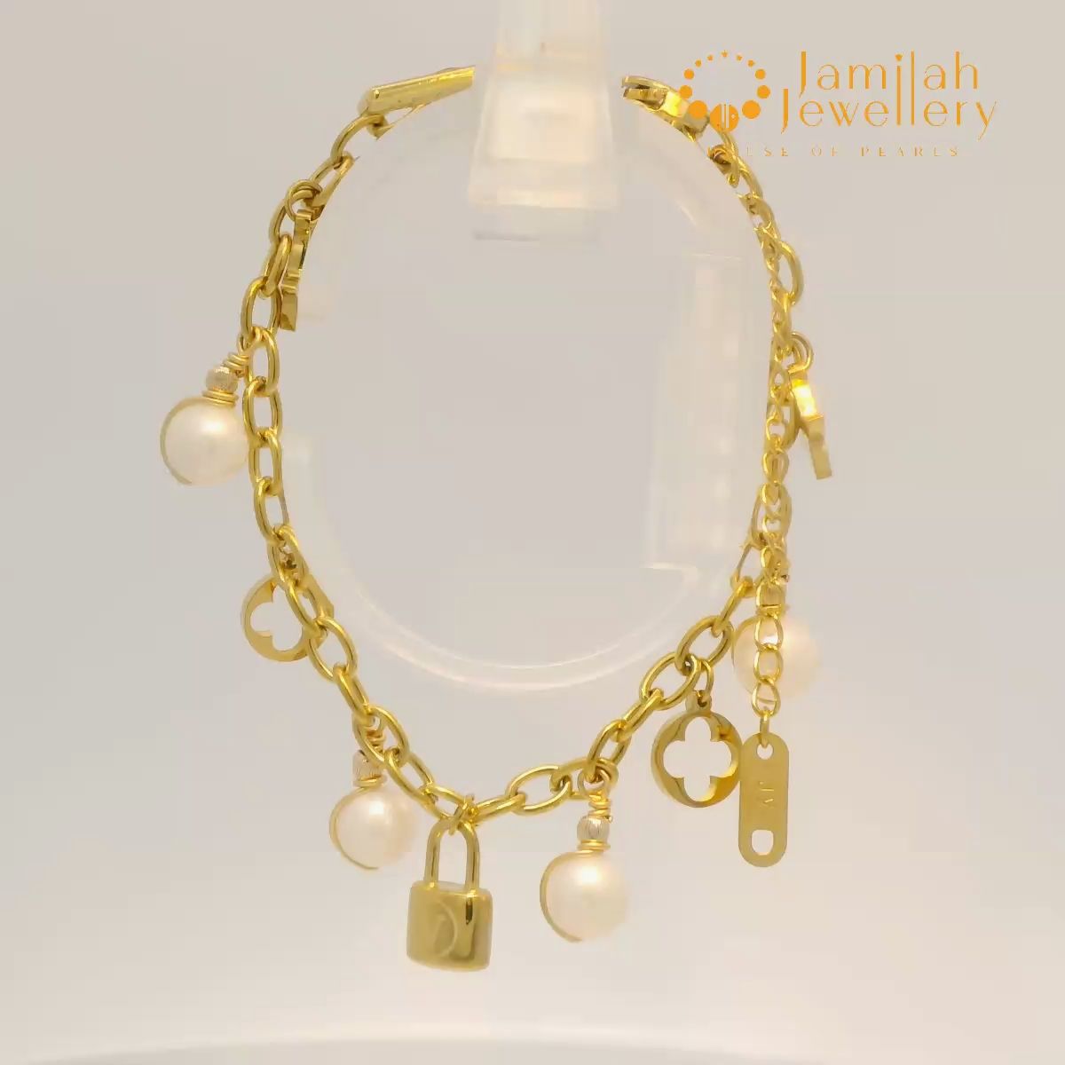 18K Gold Plated Stainless Steel Charm Pearl Bracelet _0