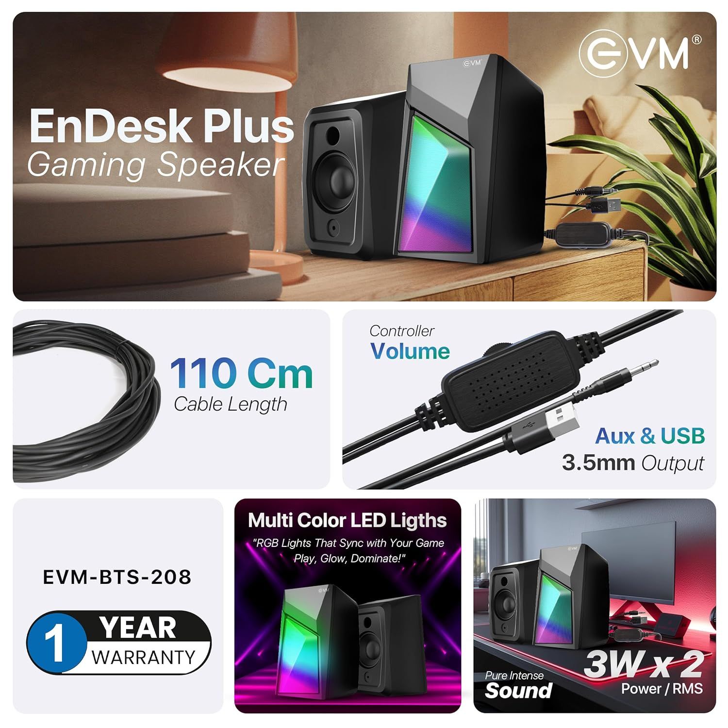 EVM BTS-208 EnDesk Plus Gaming Wired Stereo Speakers with RGB Lighting_2