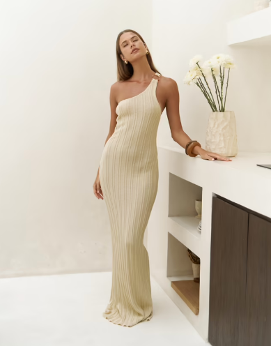 Ring Detailed Asymmetric Long Knitwear Dress_0