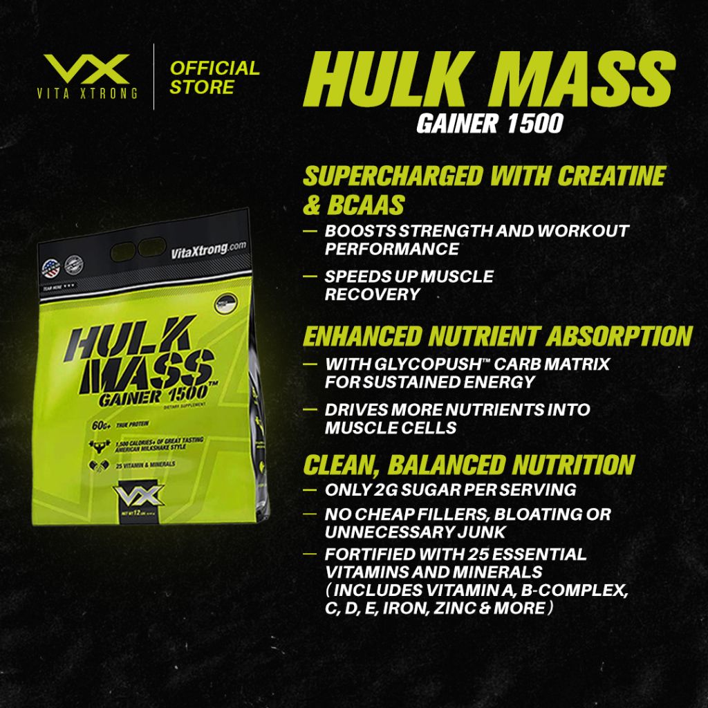 Vitaxtrong Hulk Mass Gainer 1500 (6lbs/2.7kg) | High Calorie Protein Muscle Gainer [VX]_1