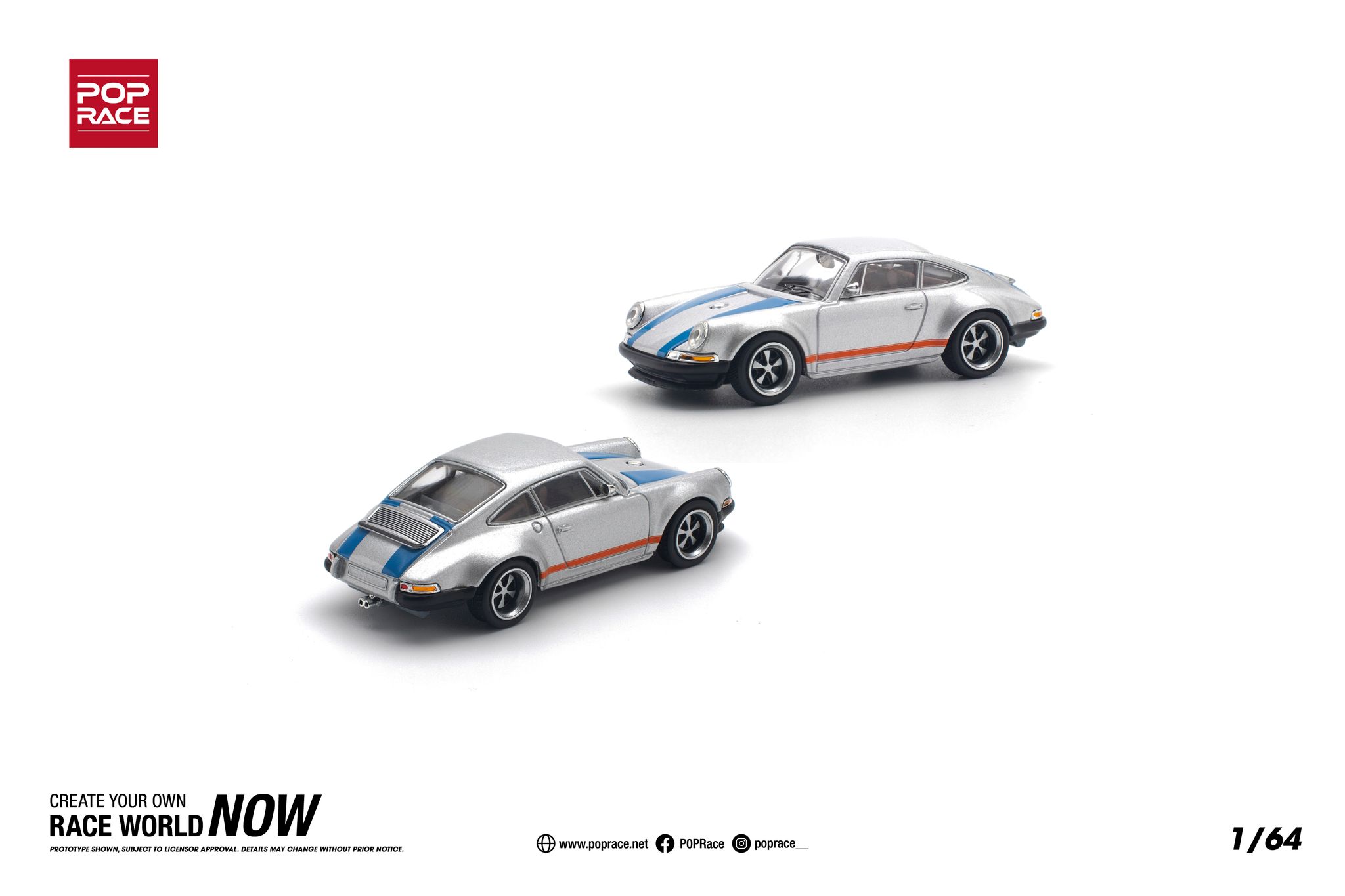POP RACE MODEL 1/64 PORSCHE SINGER - SILVER/BLUE_1