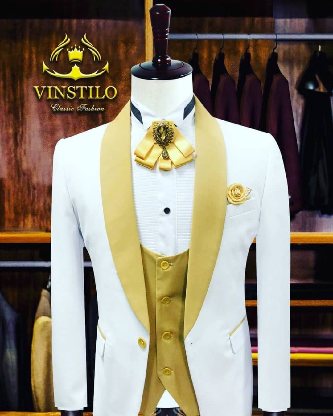 Men's White and Gold 3 Piece Tuxedo _0