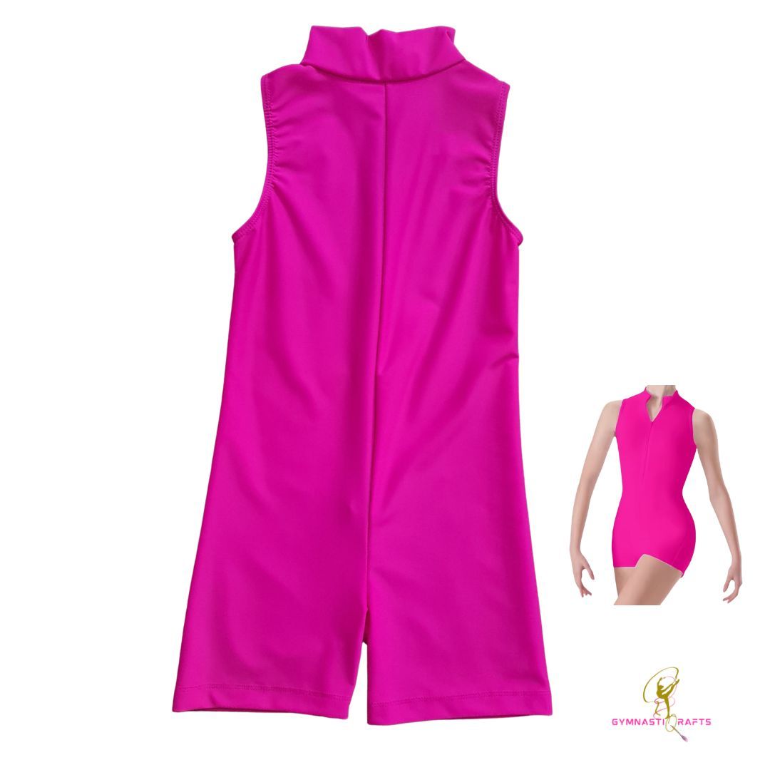 Short  Sleeves Front Zip Unitard  - Hot Pink_1