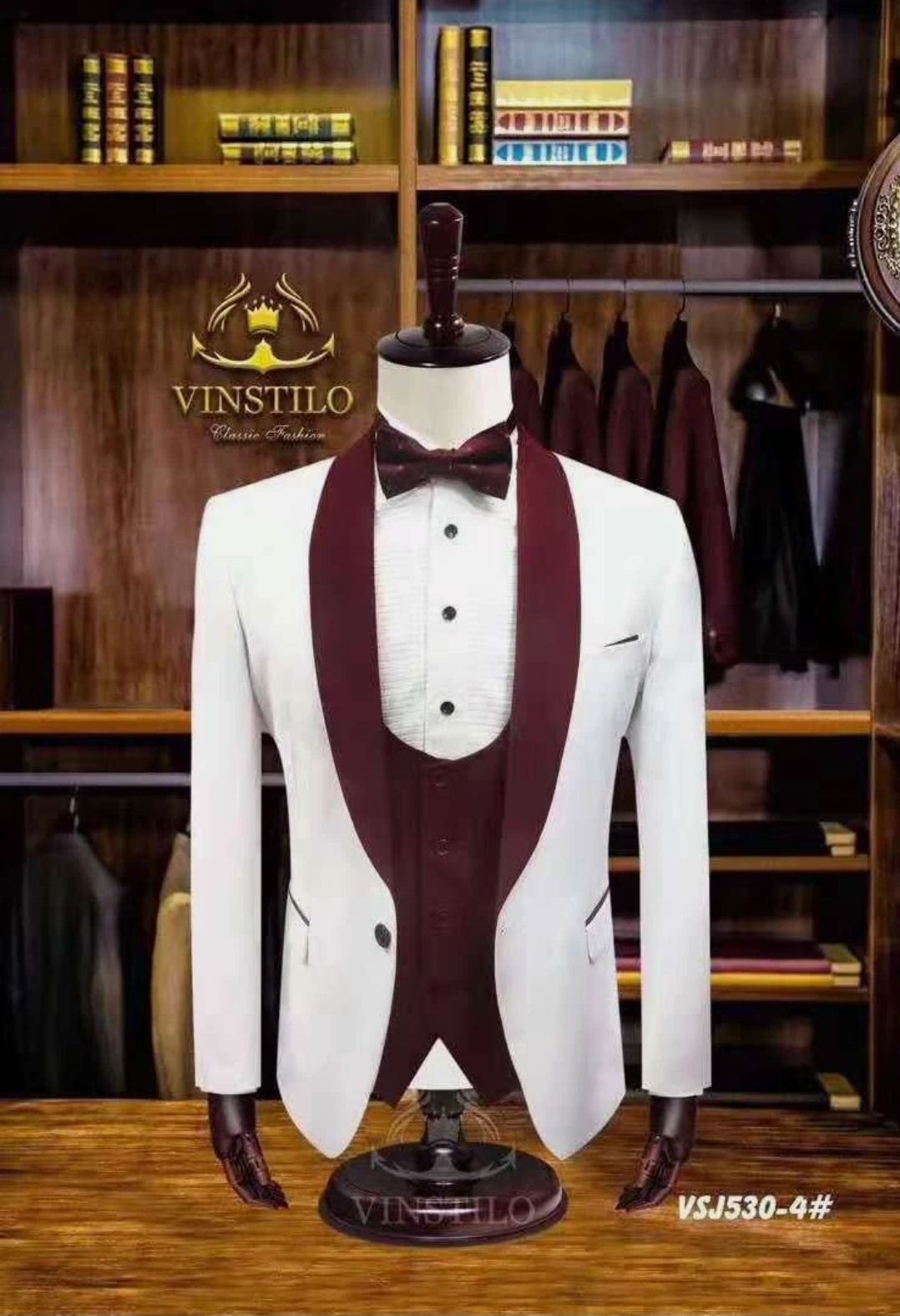 Men's  Burgundy and White 3 Piece Tuxedo_0