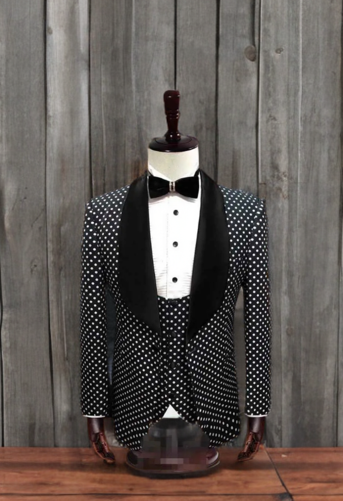 Black 3 Piece Tuxedo White Polka Dots_0
