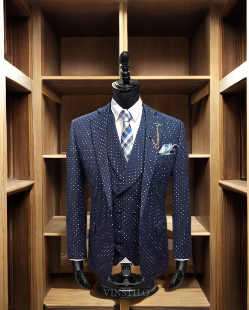 Navy Polka Dotted 3 Piece Tuxedo _0