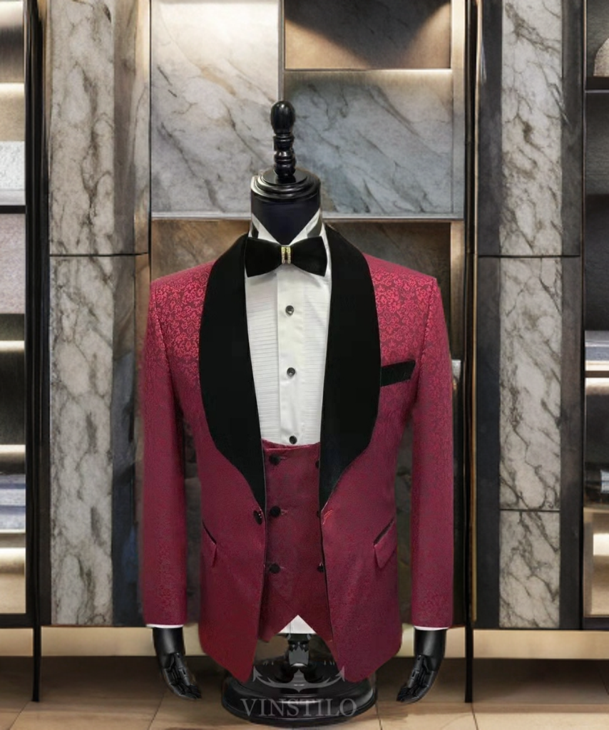 Burgundy 3 Piece Paisley Tuxedo_0