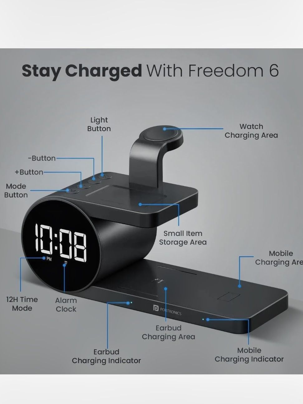 Portronics Freedom 6 15W Wireless Charger with 6-in-1 Function, Earbuds & Watch Wireless Charging, Digital Clock with Alarm, Compatible with iPhones/Samsung Smartphone Series._3