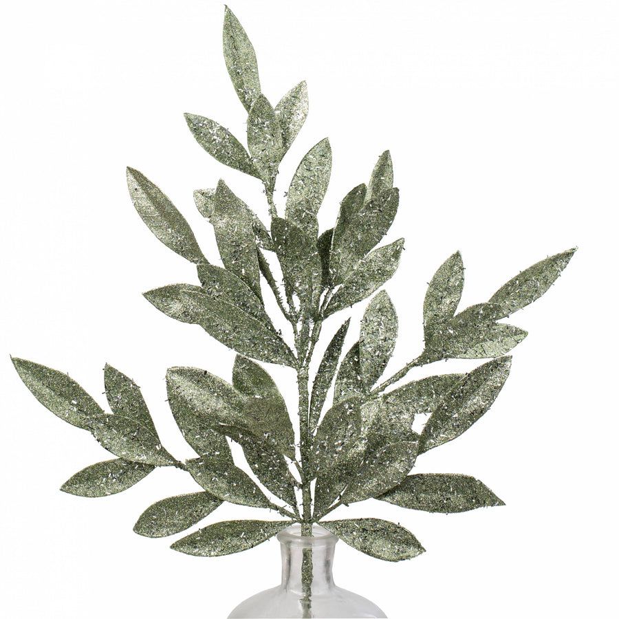 23" Tinsel Glitter Bay Leaf Spray: Sage Green_0
