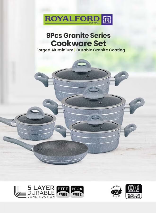 Royalford 9 Pieces Smart Granite Series Cookware Set Forged Aluminium Durable Granite Coating Grey 30x12.8cm_0