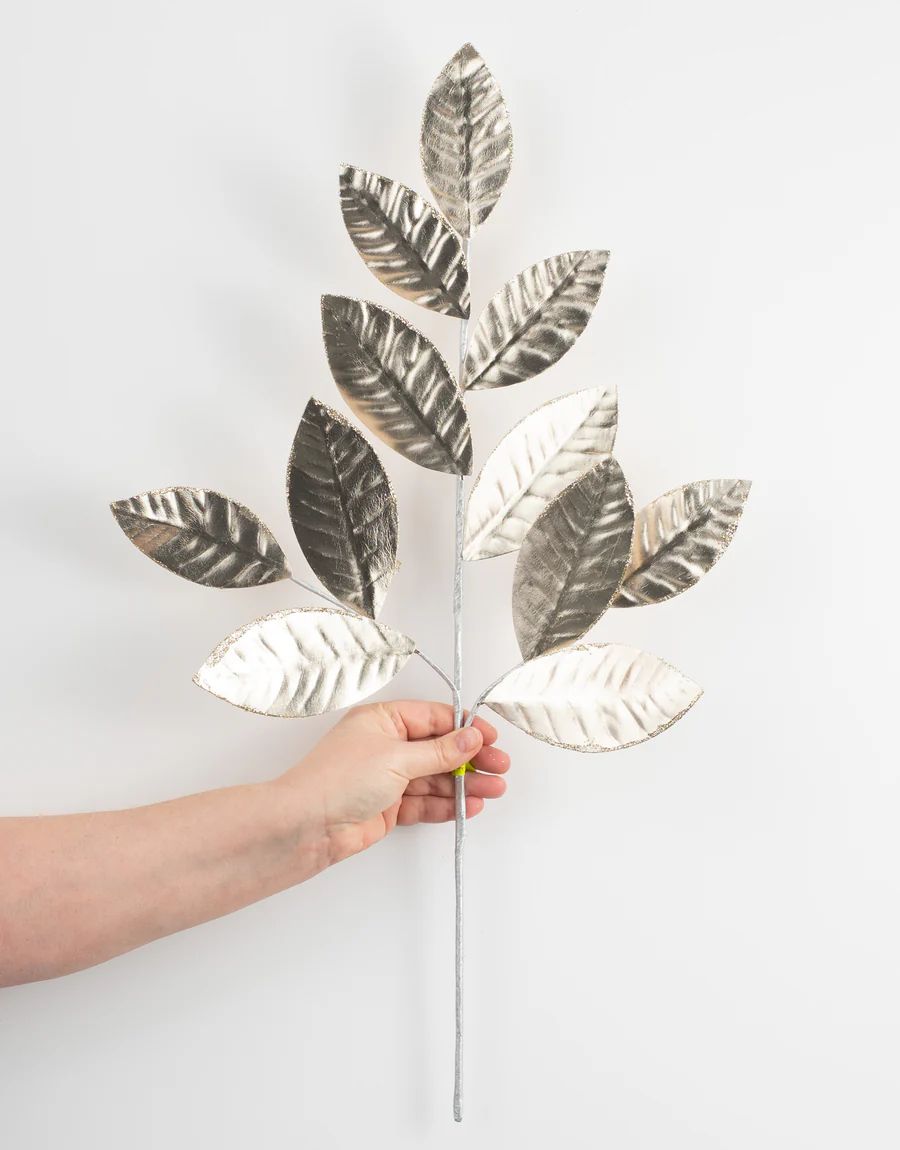 25" Metallic Magnolia Leaves Spray: Champagne_1