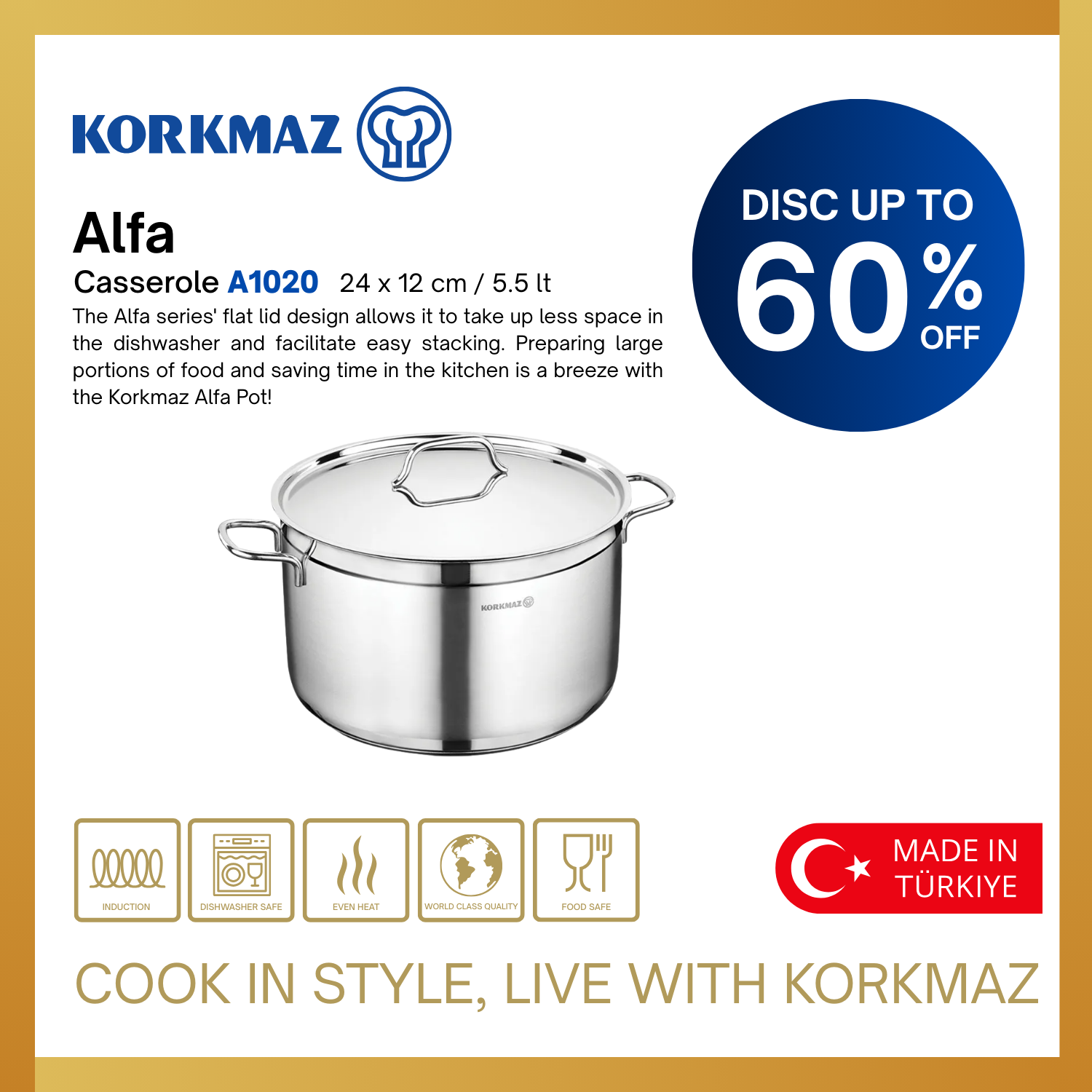 KORKMAZ PREMIUM COOKING WARE ALFA CASSEROLE NON-STICK, SUITABLE FOR INDUCTION_4