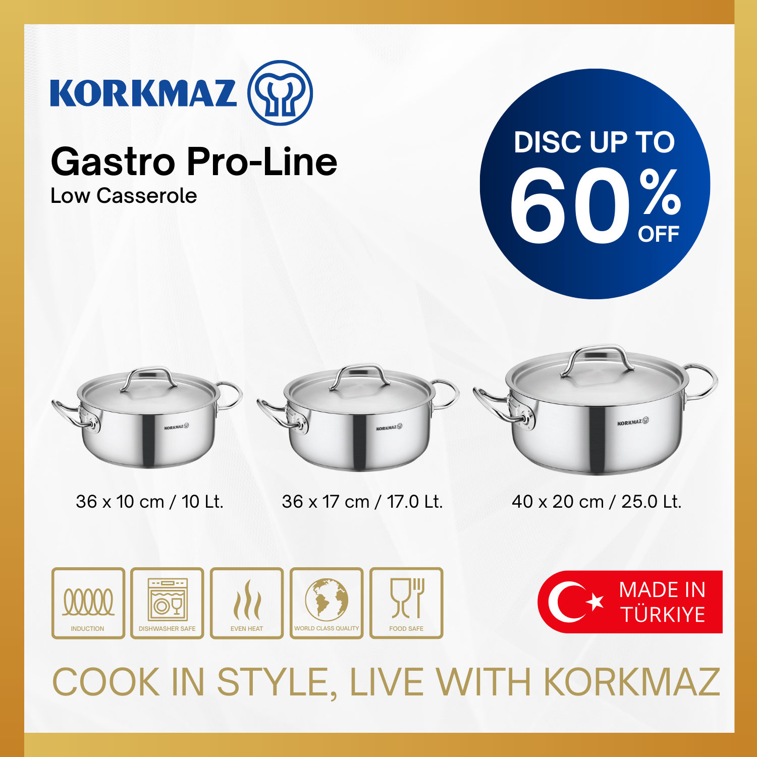 PANCI KORKMAZ GASTRO PROLINE LOW CASSEROLE PREMIUM STAINLESS STEEL COOKWARE NON STICK, SUITABLE FOR INDUCTION_0