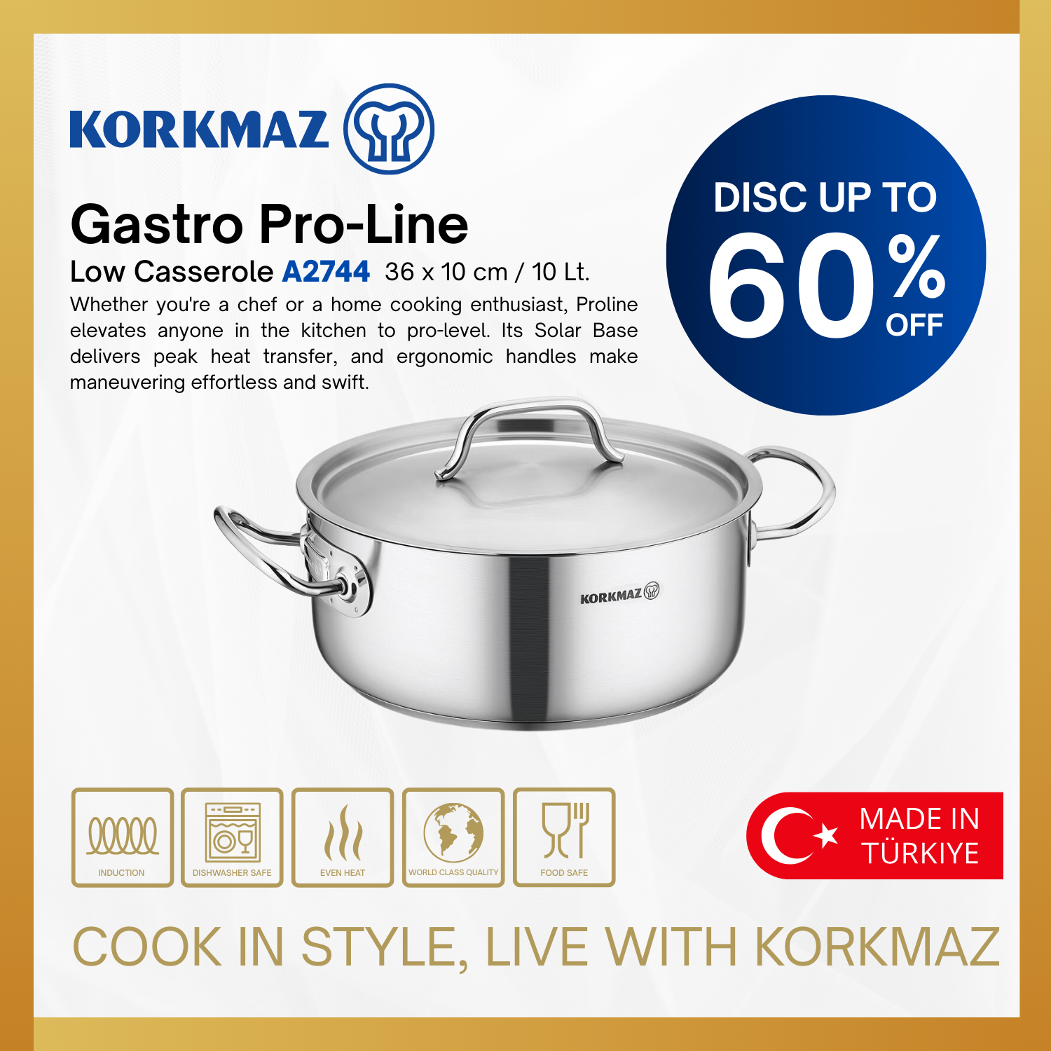 PANCI KORKMAZ GASTRO PROLINE LOW CASSEROLE PREMIUM STAINLESS STEEL COOKWARE NON STICK, SUITABLE FOR INDUCTION_2
