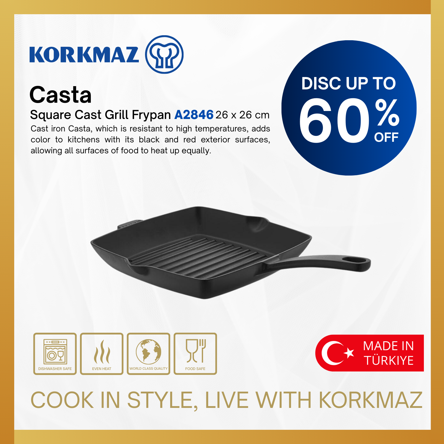 WAJAN KORKMAZ CASTA SQUARE CAST GRILL FRYPAN 26 x 26 cm BLACK NON-STICK PREMIUM COOKING WARE, SUITABLE FOR INDUCTION_0