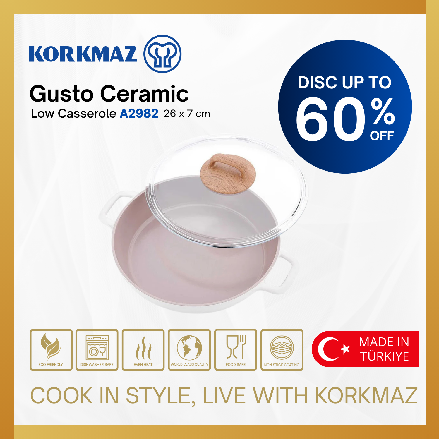 PANCI KORKMAZ GUSTO CERAMIC LOW CASSEROLE 26 x 7 cm / 3.5 Lt. PREMIUM COOKING WARE NON-STICK_1