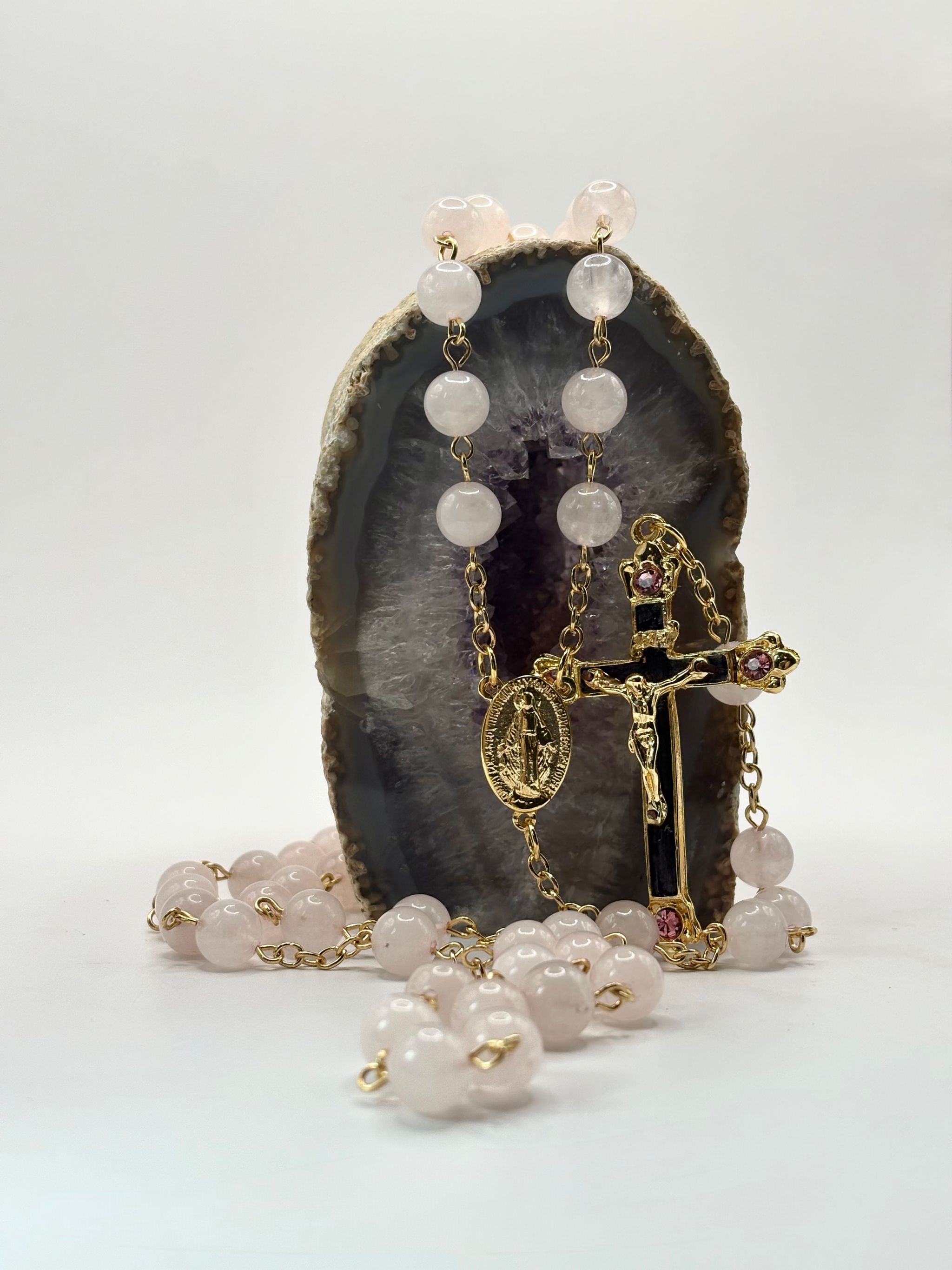 Rosario de Cuarzo Rosa 8mm Laminado en oro 18k_0