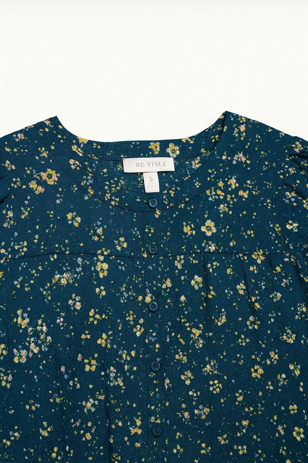 Blusa Azul Oscuro con Estampado Floral y Mangas Abullonadas - Size S_1