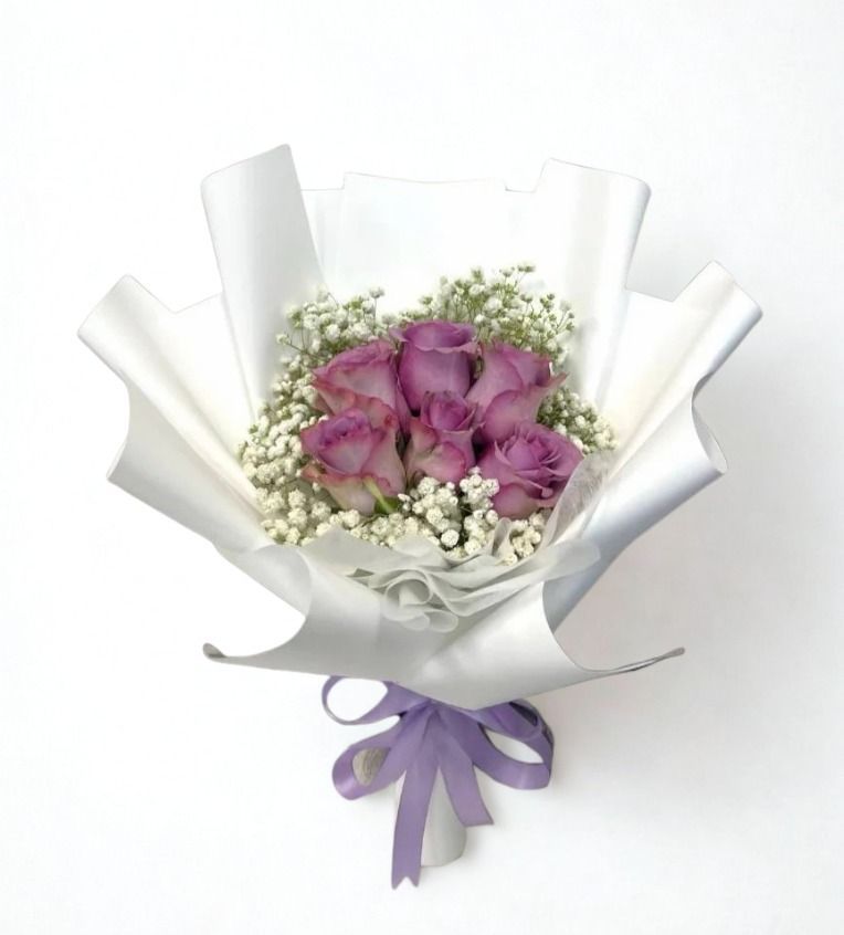 6 Fresh Purple Roses & Baby's Breath Bouquet_0