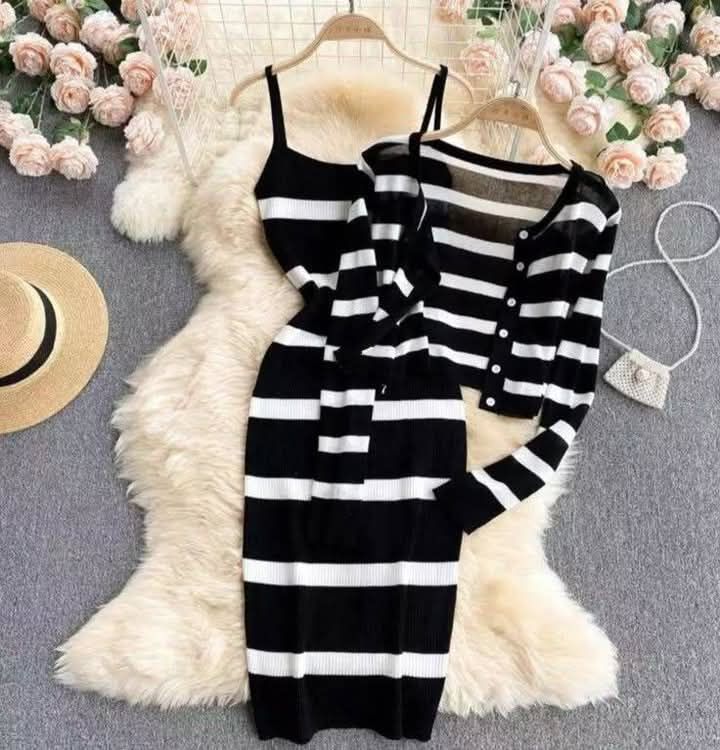 Ribbed Knit Dress + Cardigan Set with Mini Handbag_3