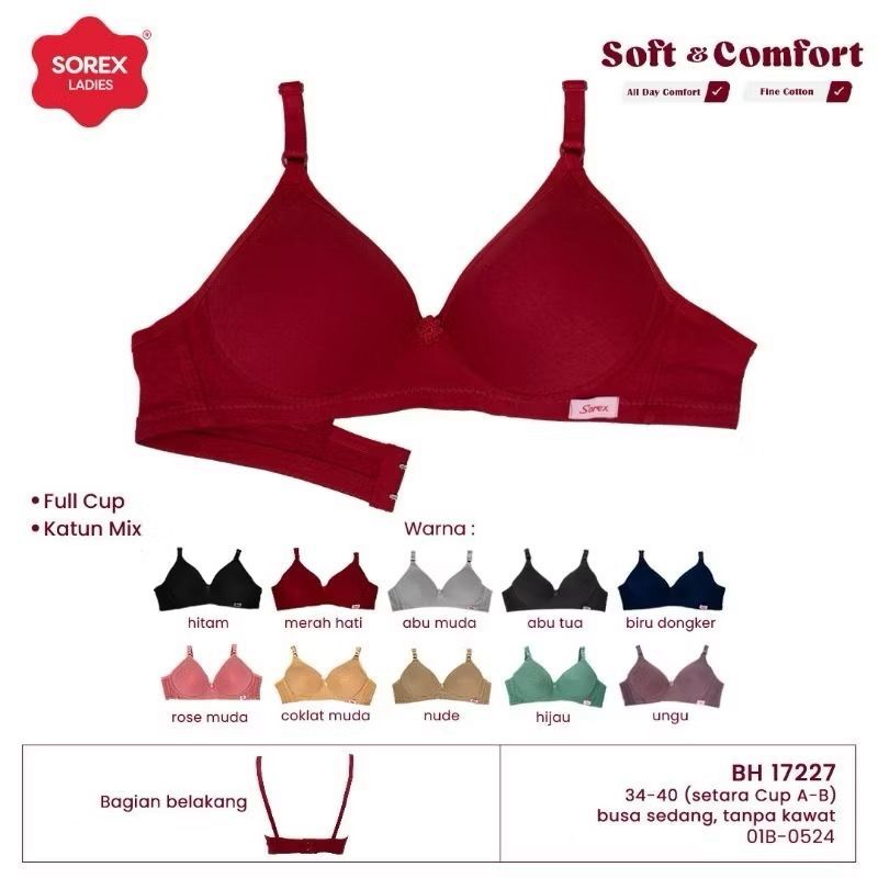 Bra BH Sorex 17227 Tanpa Kawat Busa Tipis CUP B UK 34-40_3